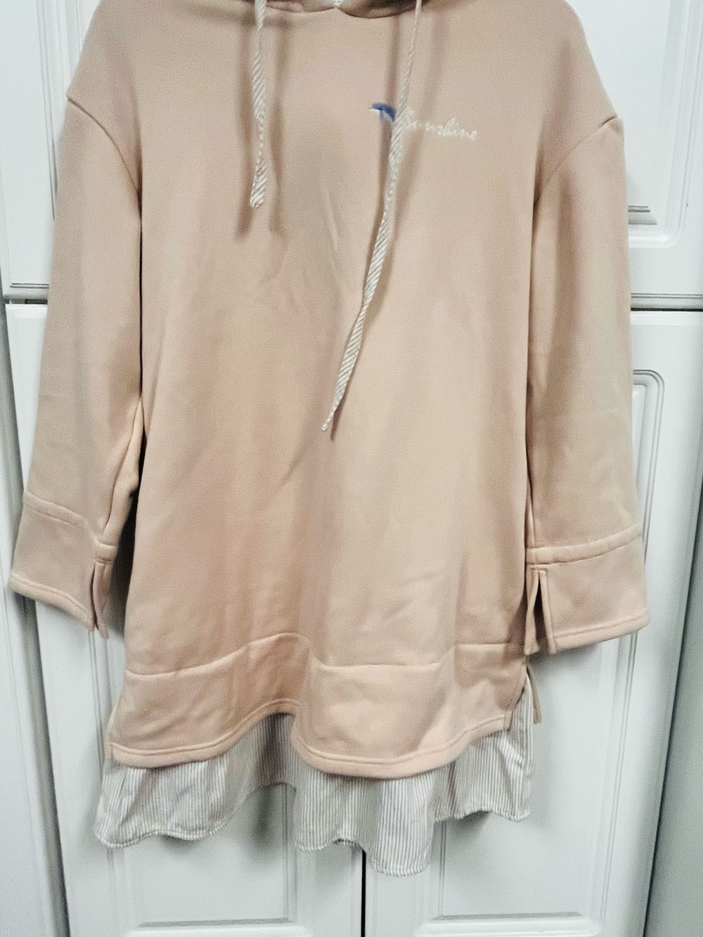 Beige Layered Hoodie with Striped Hem